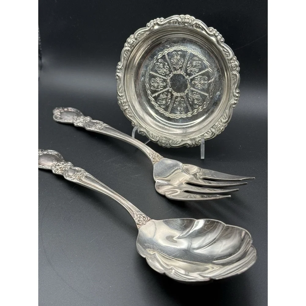 VTG 1953 Rogers Bros IS HERITAGE Silverplate Salad Serving Set Spoon Fork & Dish